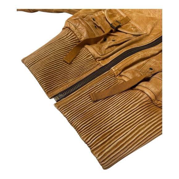 Vintage DA-NANG S Brown Distressed Leather Ribbed Knit Waistband Bomber Jacket - Picture 10 of 16